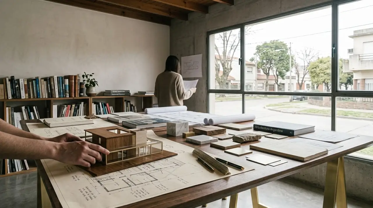 Mesa de trabajo del estudio FORMA con maqueta, planos y libros de arquitectura